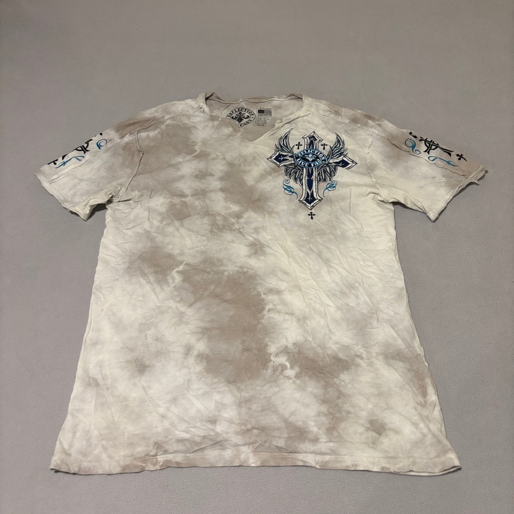 Affliction Live Fast Mens XL Graphic T-Shirt Tie Dye Winged Cross Tan White